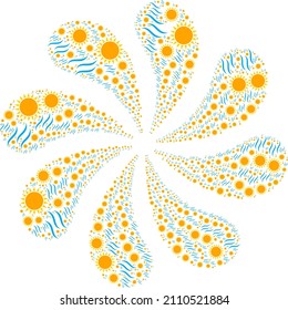 Sun warm icon explosion burst petals salute composition. Flower burst designed using scattered sun warm symbols.