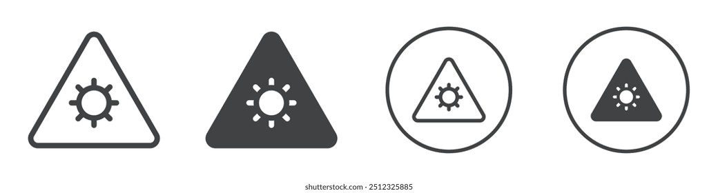 Sun with a warning triangle icon Vector logo outline