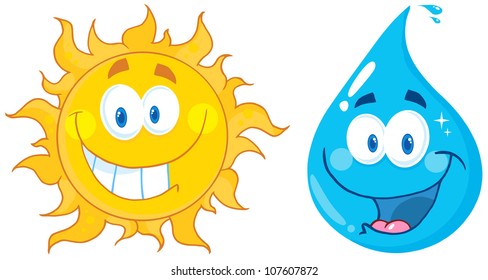 Sun And Water  Cartoon Characters .Vector Illustration