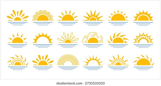  Sun with water icon isolated. Stencil sea sunrice clip art. Vector stock illustration