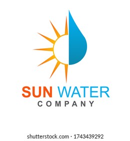Designvorlage für das Sun Water Logo. Symbol von Strand und Ozean mit orangefarbenem Sonnenaufgang auf blauem Meer. Vector element grafische Darstellung Naturkonzept für Reisebüro, Sommer, Emblem Ferientourismus