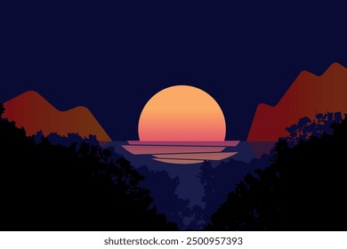 sun in water night mountains tree leaves vector illustration