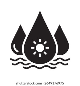 Sun and water protection icon with drops and a sun for waterproof and uv resistant material used in outdoor and swimwear products vector solid glyph icon