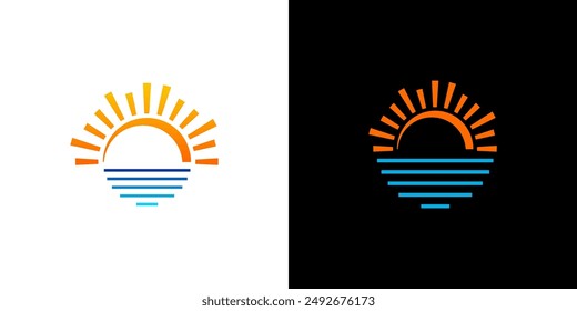 Sun water sea circle icon logo line coast sunset logo vector