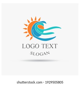 Sun and water sea wave with letter OE or CE shape, beach logo company