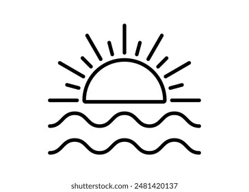 Sun and water wave, line icon. Sunset or sunrise on sea in summer. Nature landscape with sunshine. Vector illustration