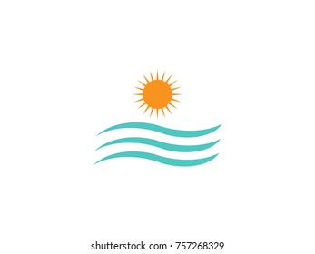 sun and water wave sea logo design template vector illustration