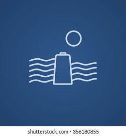 Sun and water waves with battery line icon for web, mobile and infographics. Vector light blue icon isolated on blue background.