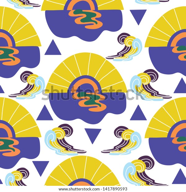 Sun, water and waves, in a groovy seamless\
pattern design, that can be used in print, for surface design, or\
on the web, as a\
background\
