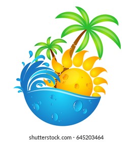 Sun, water waves and palm trees design