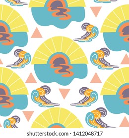 Sun, water and waves, in a seamless pattern, that can be used in surface print design, for clothes, stationary, home decor
