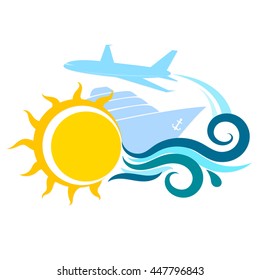 Sun and water waves, ship and airplane travel