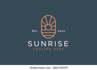 Sun and Wave Abstract Logo Trend. Sea and Ocean View. Sunset or Sunrise Branding Vintage.