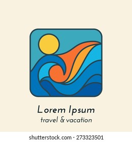 Sun and wave design, vector illustration. Travel vector logo design template. Square shape creative concept. Ocean Sea Waves, Sun shine Tourism icon.