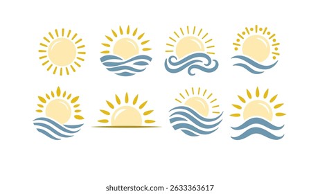 Sun Wave Icon Vector set, Logo Pictogram Light Summer Sea Ocean Beach Vacation Weather Symbol, Flat Design 
