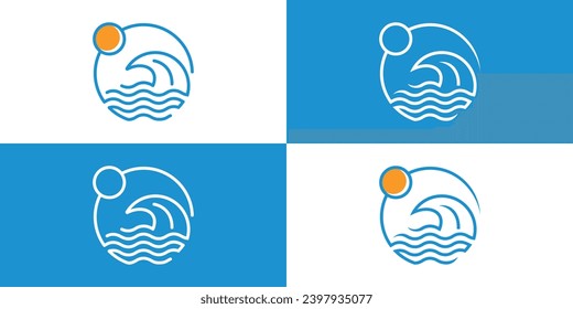 Sun Wave Logo Design. Circular Sunrise Sunset Wave Combination with Outline Lineart Style. Icon Symbol Vector Illustration Template.