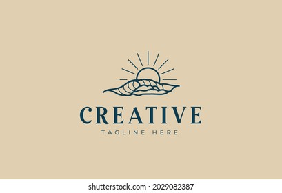 Sun Wave Logo Design Template. Vector Illustration of Sun, water waves line art in circle. Vintage Modern Logo Line Art Design Template