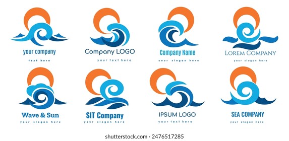 Sun und Wave Logo Set. Symbole der Sonne und Meereswelle Business-Identität-Logo für Business-Icons Isolierte Vektorillustration