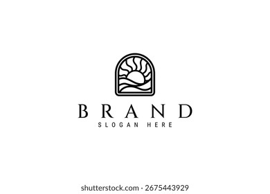 Logo del elemento de la naturaleza de la onda del sol en marco con estilo del diseño del arte de la línea