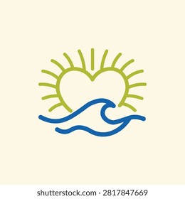 Sun Wave Ocean Heart Resort Vector Logo Template