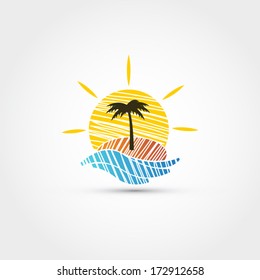 Sun and wave with a palm tree design, vector illustration