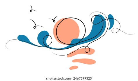 Sun and waves Abstract minimalistic line drawing. Sunset Minimal art. Seascape abstract art. Sun and splashes of waves modern print, tattoo design, design element decoration. Vector illustration