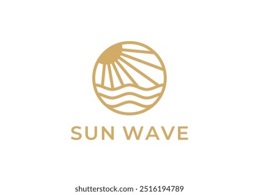 sun and waves circle linear style logo design vector	