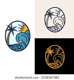 Sun and waves design, sun and waves logo, line art style, t-shirt design,big wave with sun rays wave linear style vector