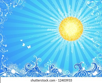 Sun, waves and flowers, vector