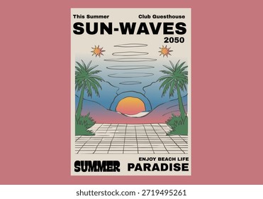 Sun Waves Grape. Tropical summer t-shirt design. summer t-shirt design. tropical palm tree graphics.