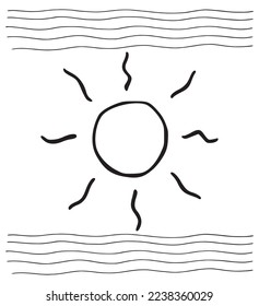 Sun and waves hand drawn outline illustration image  Sunny days in summer pen drawing outline single graphic  Retro flat spring sunshine and heat wave contour decoration  Simple weather drawing 