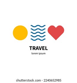 Sun, waves and heart, love to travel logo. Travel agency pictogram, sea and sun concept