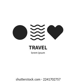 Sun, waves and heart, love to travel logo. Travel agency pictogram, sea and sun concept