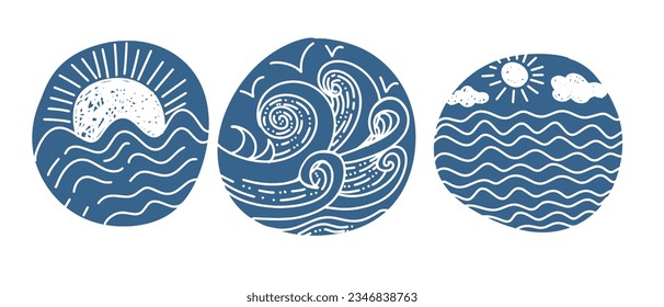 diseño de imagen de símbolo vectorial del icono sun y ondas, logotipo de la vintage para el diseño de la empresa de negocios. Círculo hecho a mano con el mar y el sol. Ilustración del vector