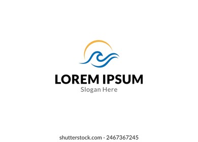 Sonne und Wellen Logo, Sonnenuntergang oder Sonnenaufgang Symbol im flachen Design Stil