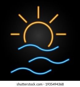 Sun and waves neon sign, modern glowing banner design, colorful modern design trends on black background. Vector illustration.