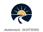 sun and waves Sunrise and field logo design sun rising over mountains and hills Pro Vector