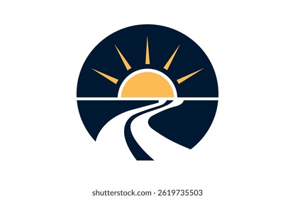 sol e ondas Nascer do sol e projeto de logotipo de campo sol nascendo sobre montanhas e colinas Pro Vetor