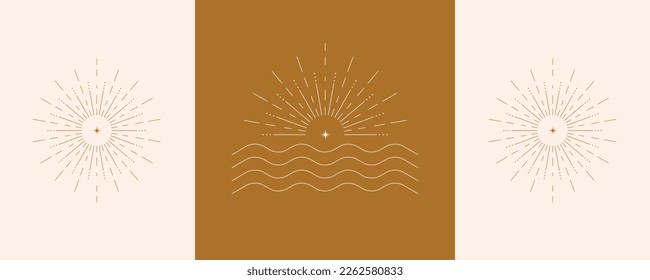 Conjunto vectorial de ondas y sol.  Elegante salida de sol y diseño de logotipo de mar vectores de línea de icono en el estilo de lujo contorno lineal. Tienda premium, joyería, juego de logotipo del salón de bodas.