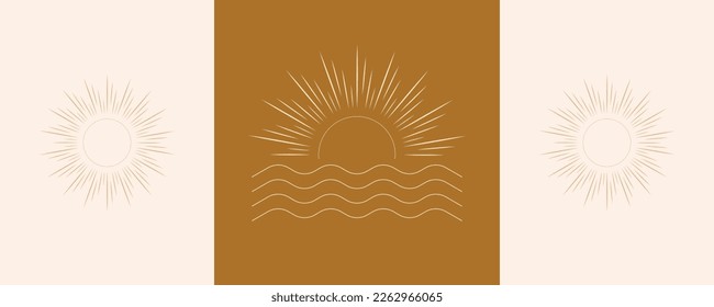 Sun and waves vector set.  Elegant sunset sunrise and sea logo design line icon vector in luxury style outline linear. Premium boutique, jewelry, wedding salon emblem logo design set.