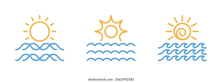 Sonne und Wellen gelb und blau Symbolsatz. Sonnenaufgang, Sonnenuntergang, Sonnenschein, Sonnenlicht, Sonnenplatzsymbol. Zeilensammlung. Sommerwetter. Ein Gestaltungselement. Einzeln auf weißem Hintergrund. Bearbeitbarer Strich.