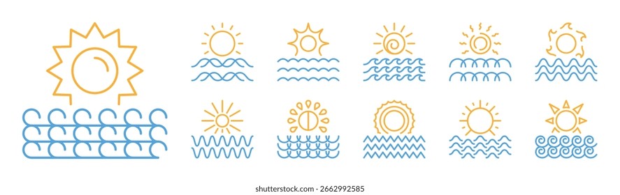 Sun and waves yellow and blue icon set. Sunrise, sunset, sunshine, sunlight, sunburst symbol. Line sign collection. Summer weather. A design element. Isolated on a white background. Editable stroke.
