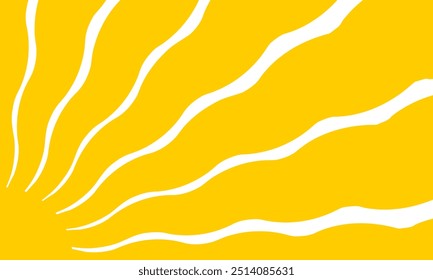 Sun with wavy rays coming out of corner. Sunburst, sunrise or sunset poster in trendy groovy style. Summer theme wallpaper. Modern psychedelic print. Good vibes concept. Vector flat illustration.