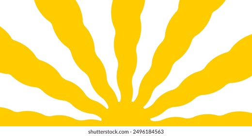 Sun with wavy rays. Sunburst, sunrise or sunset poster in trendy groovy style. Preppy summer theme background. Modern psychedelic print. Vector flat illustration.