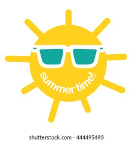 Sun wearing glasses. Summer time logo. Vector illustration