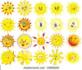 Sun wearing sunglasses.  Graphic set of suns. Elements for design. Vector illustration.