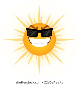Sun Wearing Sunglasses Smiley  Sunshine Mascot Character Design Isolated