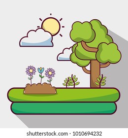 sun weather with clouds and tree nature