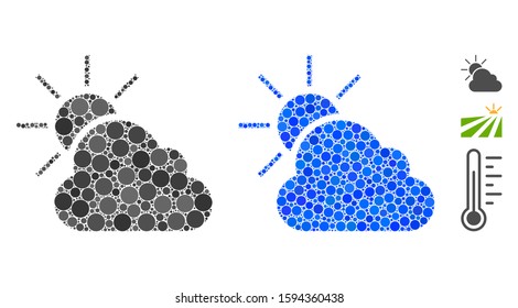 Sun weather composition of circle elements in various sizes and shades, based on sun weather icon. Vector filled circles are united into blue composition.