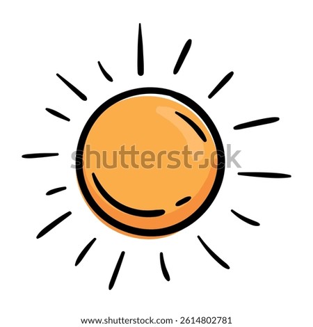 Sun. Weather forecast icon. Vector illustration for print, sticker, app. Hand drawn sign, symbol isolated on white background